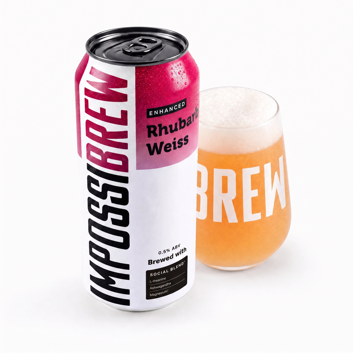 IMPOSSIBREW Rhubarb Weiss can and glass with Social Blend 2.0 panel