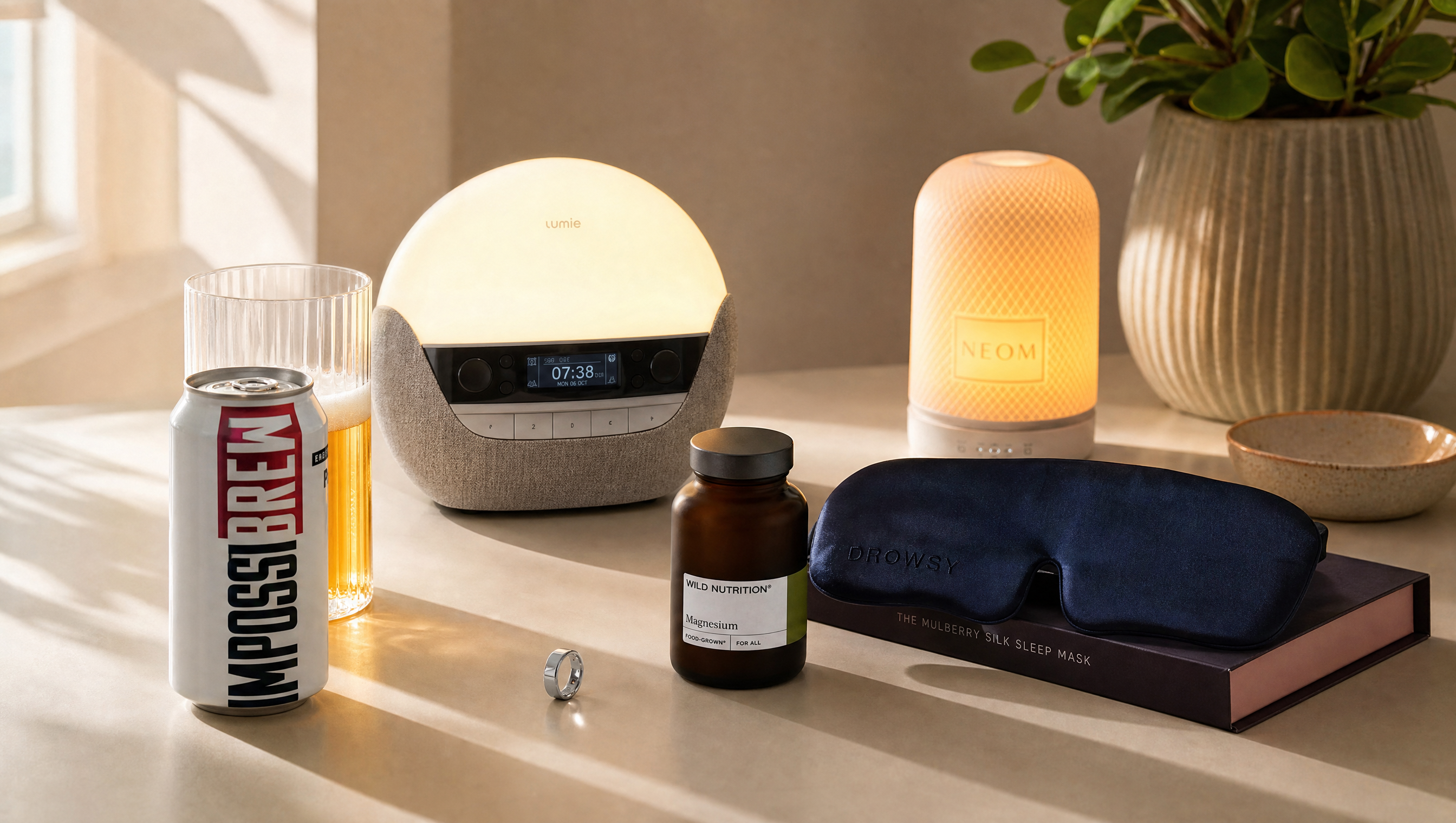 Generated editorial hero image using referenced wellness products including IMPOSSIBREW, Lumie, NEOM, Wild Nutrition, Drowsy and Oura