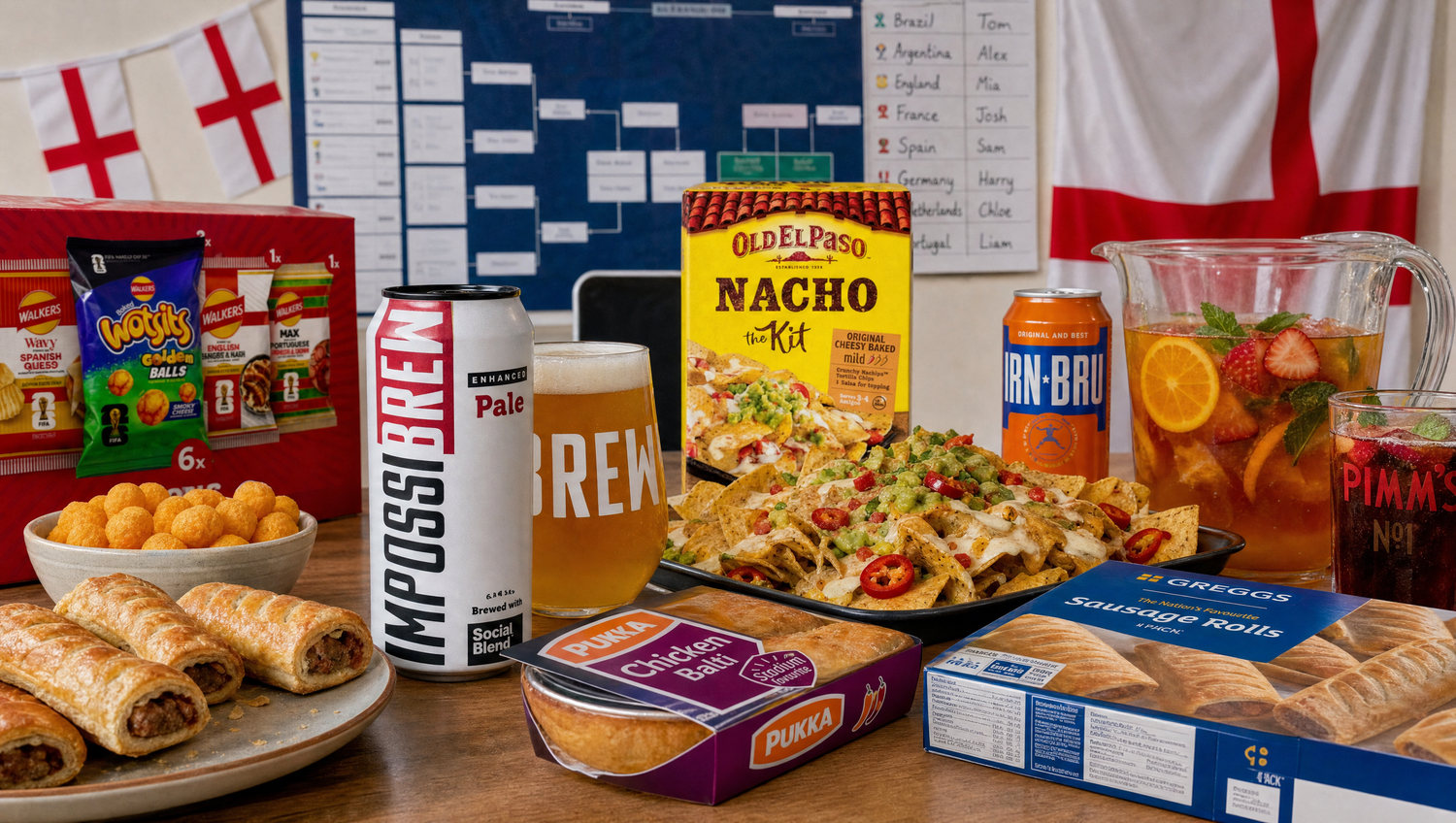 Best World Cup party essentials UK in 2026 with IMPOSSIBREW Enhanced Pale, nachos, pies, crisps and drinks