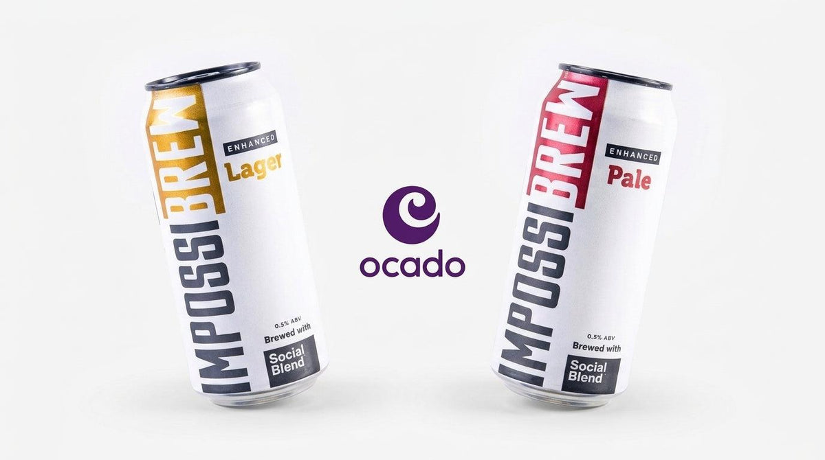 IMPOSSIBREW Enhanced Lager and Enhanced Hazy Pale cans alongside the Ocado logo