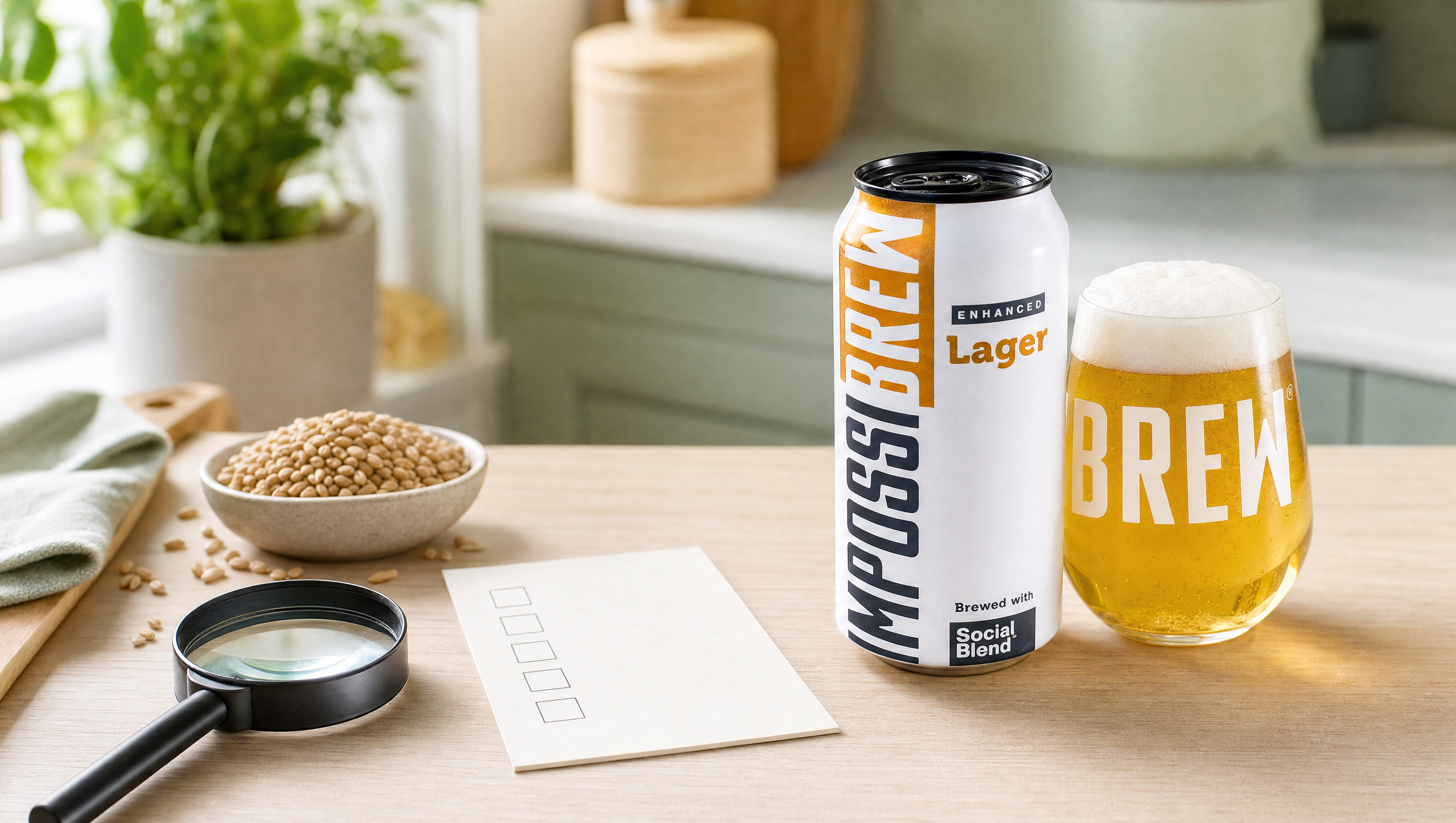 IMPOSSIBREW Enhanced Lager with a glass, barley grains, magnifying glass and label checklist for a coeliac alcohol-free beer guide