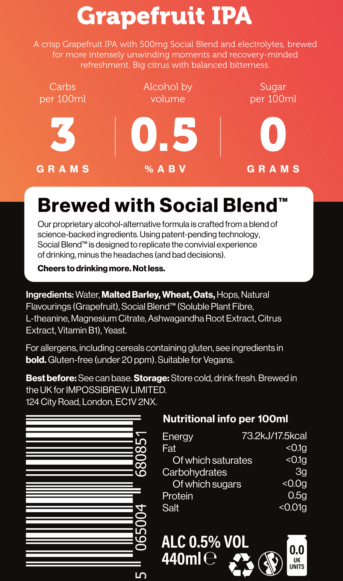 IMPOSSIBREW Pro Grapefruit IPA approved back-of-pack ingredients and nutrition. 0g Sugar. Gluten-Free. Vegan.